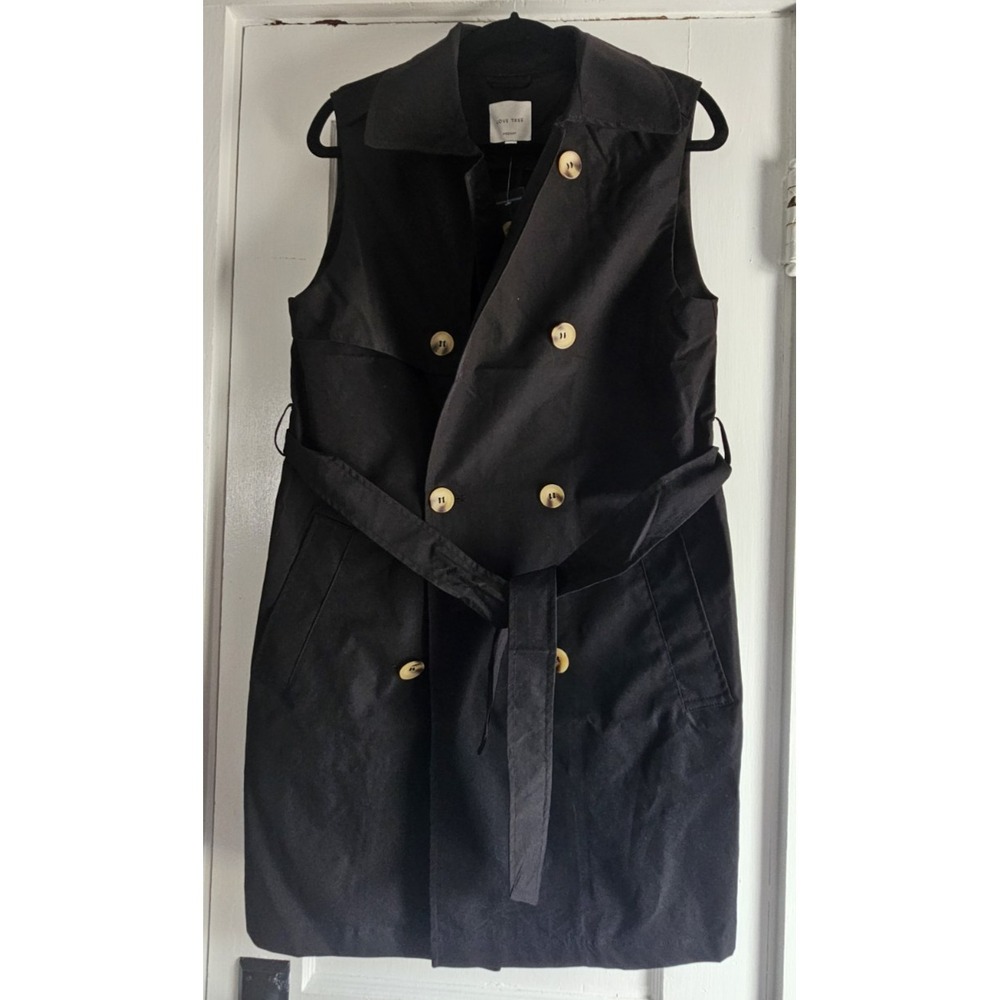NEW LOVE TREE BLACK Trench vest woman's M double breasted belted